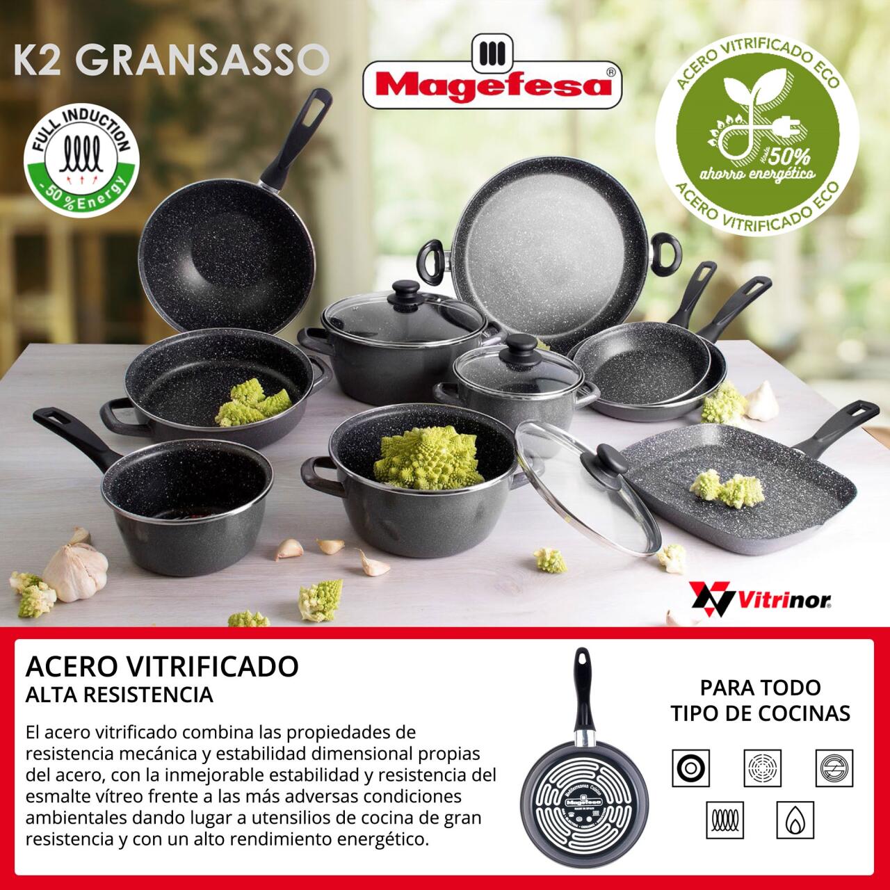 Set de 3 Sartenes Magefesa K2 Gransasso Ø18/20/24 cm - Acero Esmaltado, Antiadherente Mármol, Apto para Inducción