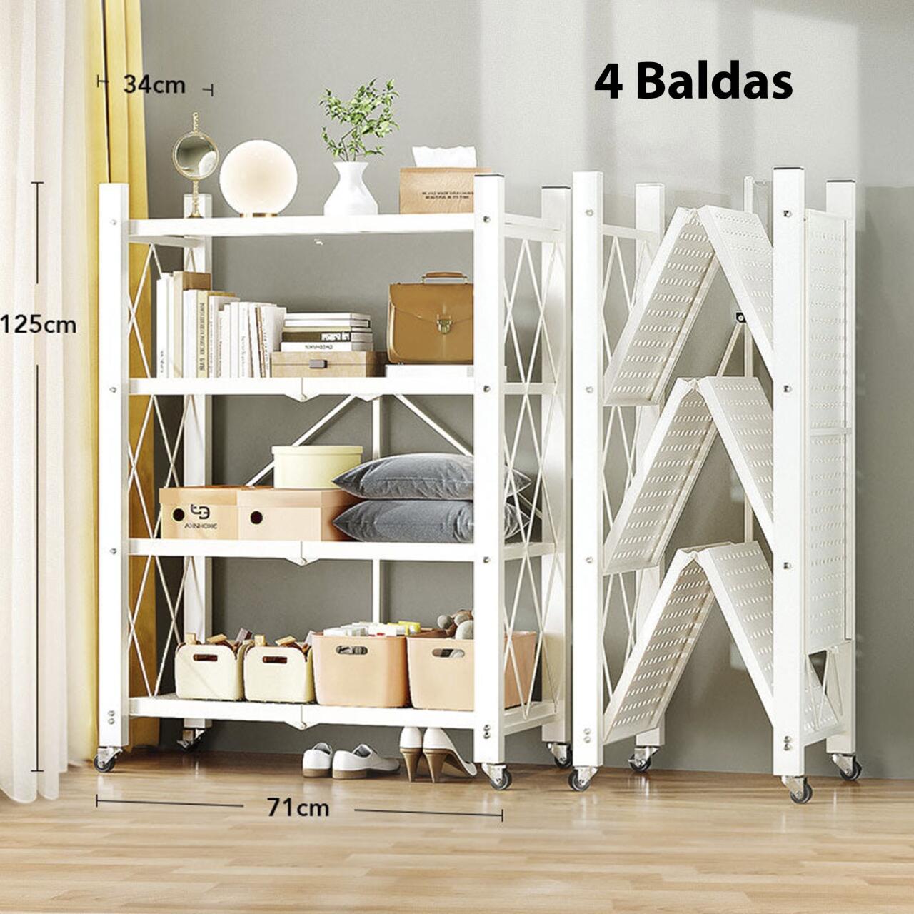 Joybos - Estantería Plegable de Almacenamiento con 4 Estantes y Ruedas, Sin Montaje, 71x34x125cm - Blanco