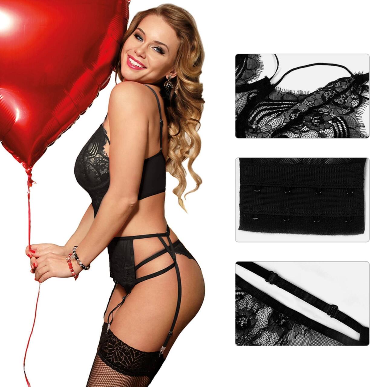 Conjunto de Sujetador de Encaje Negro y Braguitas de Liga con Anillo de Acero – Oh Yeah Lover